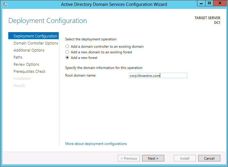 Captura de pantalla de la página Configuración de implementación del Asistente para configuración de Active Directory Domain Services que muestra las opciones que aparecen cuando se crea un bosque.