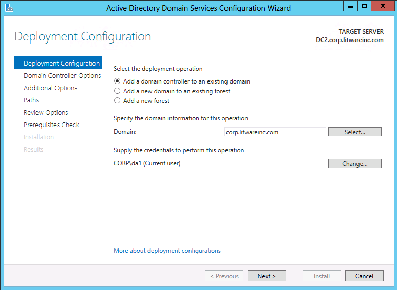 Captura de pantalla de la página Configuración de implementación del Asistente para configuración de Active Directory Domain Services que muestra las opciones que aparecen cuando se agrega un controlador de dominio nuevo a un dominio existente.