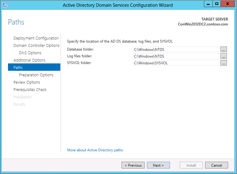 Captura de pantalla de la página Rutas de acceso del Asistente de configuración de Active Directory Domain Services.