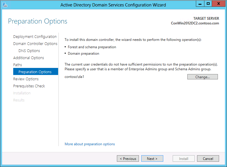 Captura de pantalla de la página Opciones de preparación del Asistente de configuración de Active Directory Domain Services.