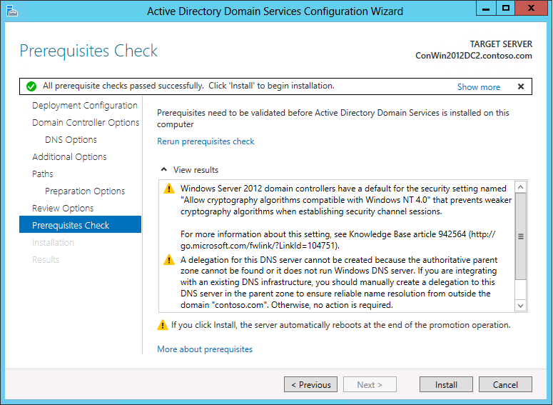 Captura de pantalla de la página Comprobación de requisitos previos del Asistente de configuración de Active Directory Domain Services.