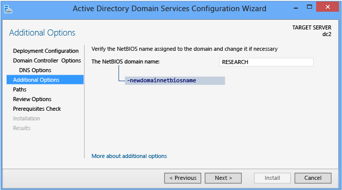 Captura de pantalla en la que se muestra la página Opciones adicionales en el Asistente para configuración de Active Directory Domain Services.