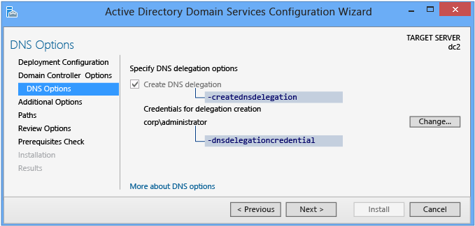 Captura de pantalla en la que se muestra la página Opciones de DNS en el Asistente para configuración de Active Directory Domain Services.