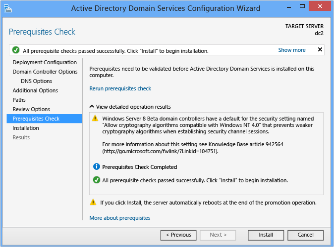 Captura de pantalla en la que se muestra la página Comprobación de requisitos previos en el Asistente para configuración de Active Directory Domain Services.