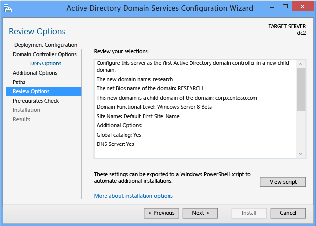 Captura de pantalla en la que se muestra la página Revisar opciones en el Asistente para configuración de Active Directory Domain Services.