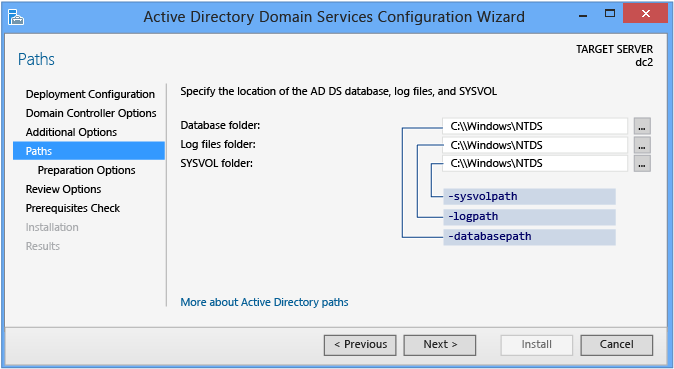 Captura de pantalla en la que se muestra la página Rutas de acceso en el Asistente para configuración de Active Directory Domain Services.