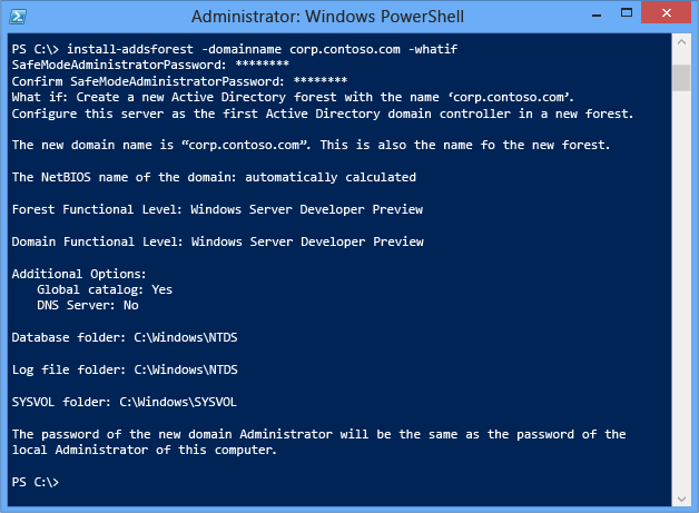 Captura de pantalla de una ventana de terminal en la que se muestra cómo usar el argumento Whatif opcional con el cmdlet Install-ADDSForest para revisar la información de configuración.