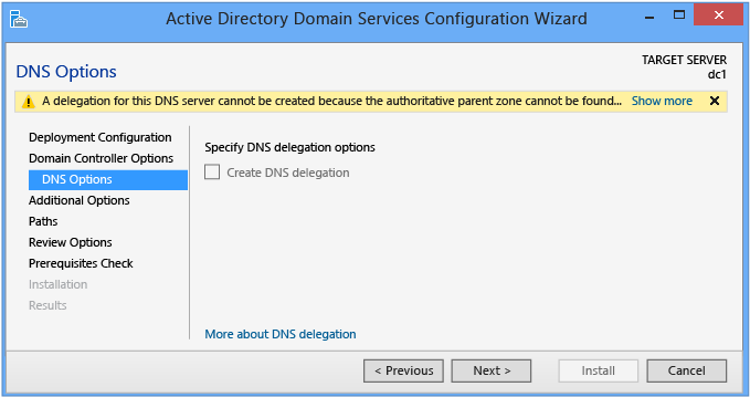 Captura de pantalla en la que se muestran las opciones de DNS en el Asistente para configuración de Active Directory Domain Services.