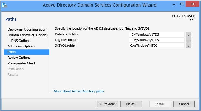 Captura de pantalla en la que se muestra la página Rutas de acceso en el Asistente para configuración de Active Directory Domain Services.