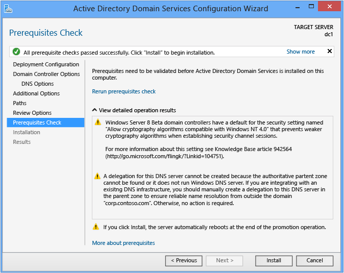 Captura de pantalla en la que se muestra la página Comprobación de requisitos previos en el Asistente para configuración de Active Directory Domain Services.