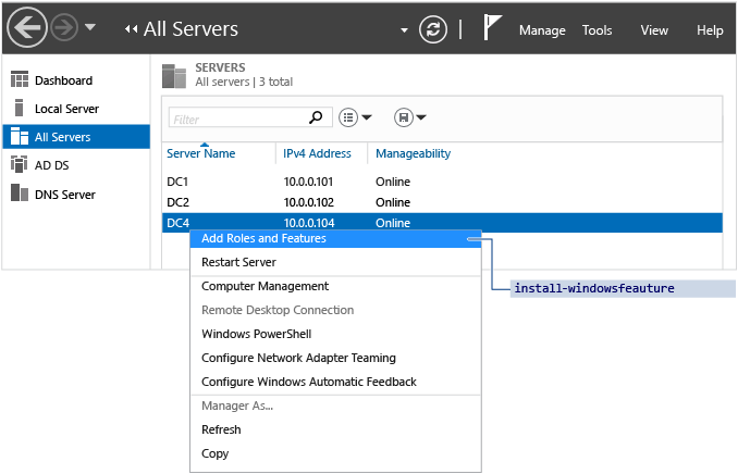 Captura de pantalla en la que se muestra cómo se instalan roles de forma remota en los equipos con Windows Server 2012 que están agregados al grupo.