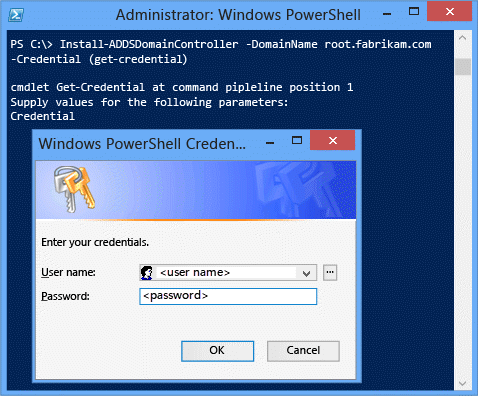 Captura de pantalla de una ventana de terminal que muestra la fase de instalación con los argumentos mínimos necesarios de -domainname y -credential.