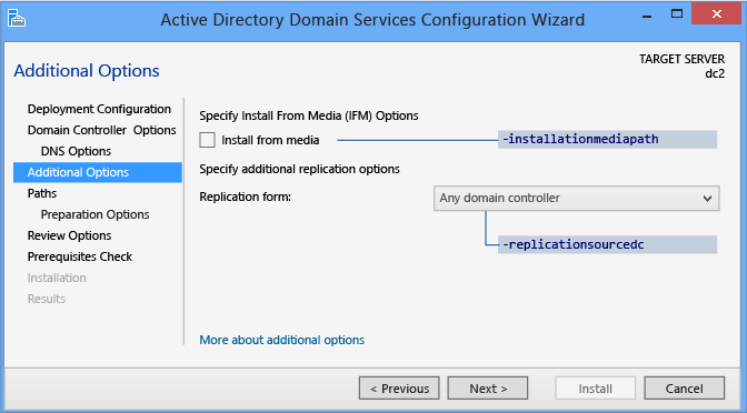 Captura de pantalla que muestra dónde puede encontrar la opción de configuración para asignar un nombre a un controlador de dominio como origen de replicación.