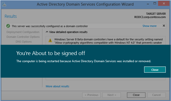 Captura de pantalla de la página Resultados del Asistente de configuración de Active Directory Domain Services.