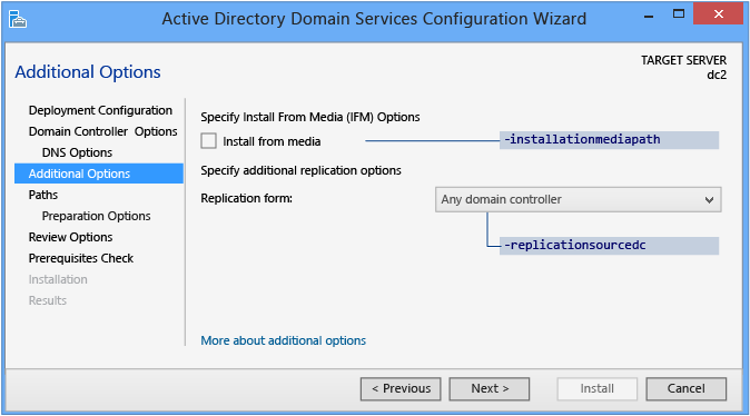 Captura de pantalla de la página Opciones adicionales del Asistente de configuración de Active Directory Domain Services cuando no hay implementación de almacenamiento provisional.