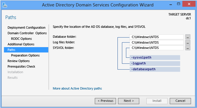 Captura de pantalla de la página Rutas de acceso del Asistente de configuración de Active Directory Domain Services cuando no hay implementación de almacenamiento provisional.