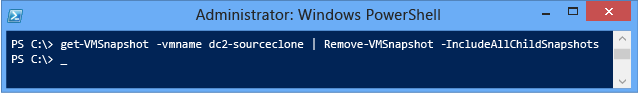 Captura de pantalla que muestra cómo eliminar todas las instantáneas de una VM llamada DC2-SOURCECLONE.