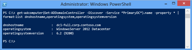 Captura de pantalla de una ventana de terminal que muestra cómo especificar el nombre de dominio y cómo filtrar las propiedades devueltas antes de la canalización de Windows PowerShell.