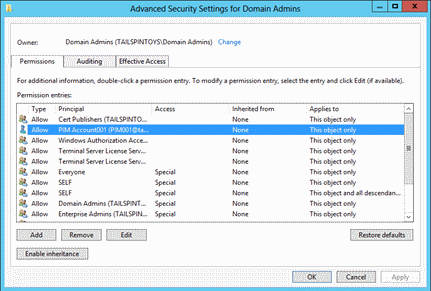 Captura de pantalla que muestra cómo abrir el cuadro de diálogo Configuración de seguridad avanzada para Administradores de dominio.