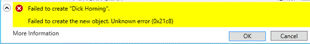 Captura de pantalla que muestra un error de creación de usuario en un controlador de dominio que no es de Windows Server 2012 R2 mientras se dirige a un controlador de dominio de Windows Server 2012 R2.