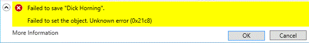 Captura de pantalla que muestra un error de modificación de usuario en un controlador de dominio que no es de Windows Server 2012 R2 mientras se dirige a un controlador de dominio de Windows Server 2012 R2.