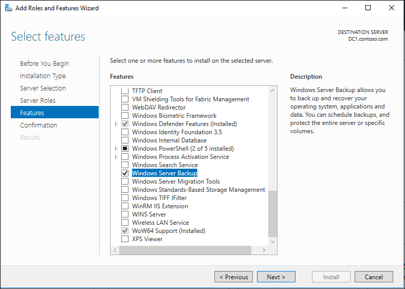 Captura de pantalla que resalta la opción Copias de seguridad de Windows Server seleccionada.