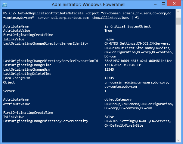 Captura de pantalla que muestra la salida de los metadatos del objeto Administradores de dominio ordenados como una lista legible.