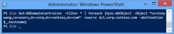 Captura de pantalla que muestra cómo replicar una cuenta eliminada de la papelera de reciclaje de Active Directory en todos los controladores de dominio sin forzar la replicación de todos los demás cambios de objeto que hayan tenido lugar.