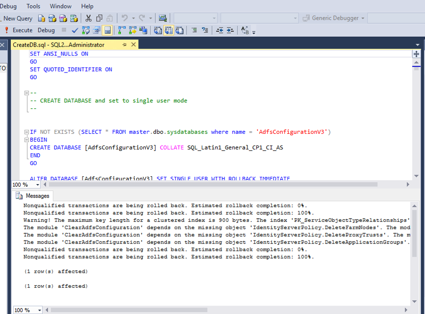 Captura de pantalla que muestra el script CreateDB.sql abierto en SQL Management Studio.