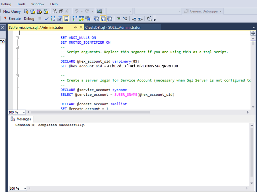 Captura de pantalla que muestra el script SetPermissions.sql abierto en SQL Management Studio.