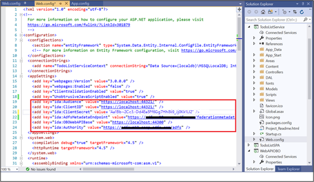 Captura de pantalla del archivo Web config en ToDoListService que muestra los valores modificados.