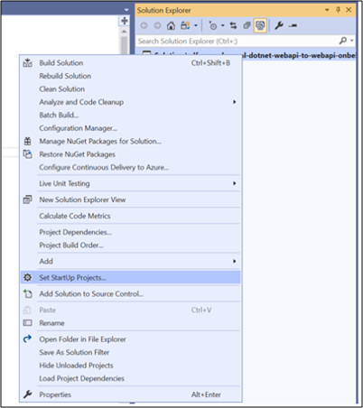 Captura de pantalla de la lista que aparece al hacer clic con el botón derecho en la solución con la opción Configurar proyectos de inicio resaltada.