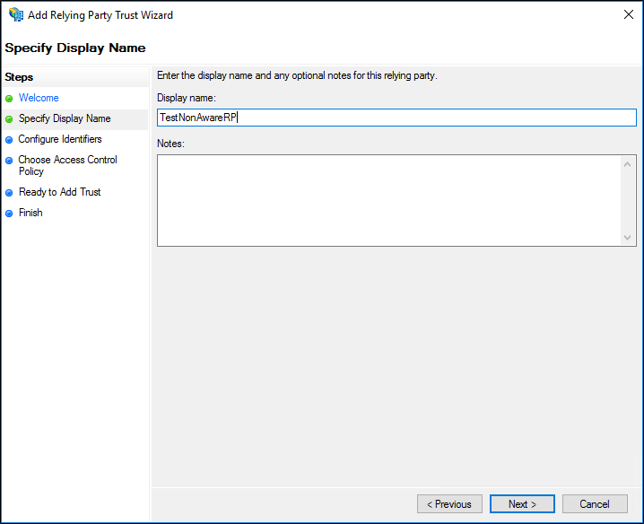 Screenshot that shows where to specify the name for the relying party trust.
