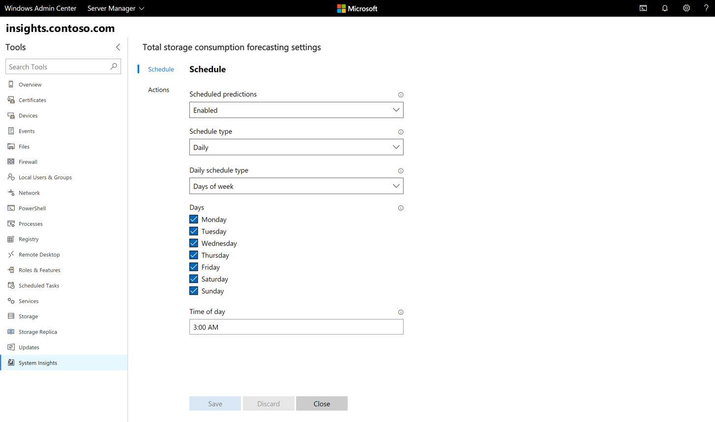 Página de configuración que muestra la programación actual