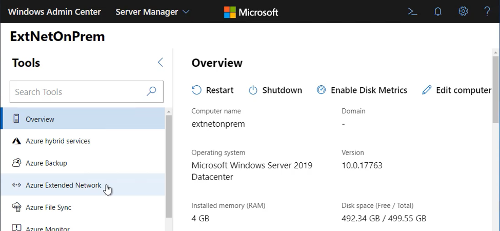 Captura de pantalla de Windows Admin Center que muestra la herramienta de red extendida en Administrador del servidor en la aplicación virtual local