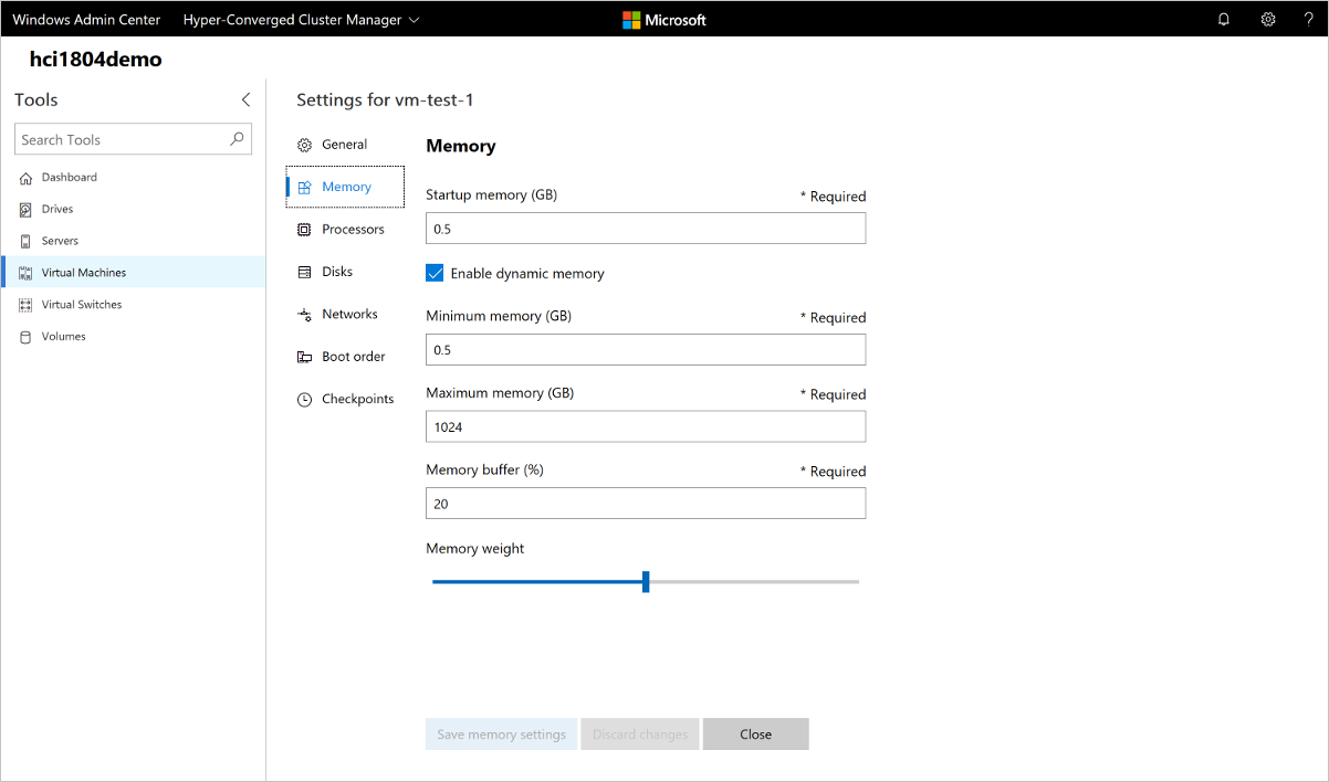 Captura de pantalla que muestra el panel para cambiar la configuración de la máquina virtual.