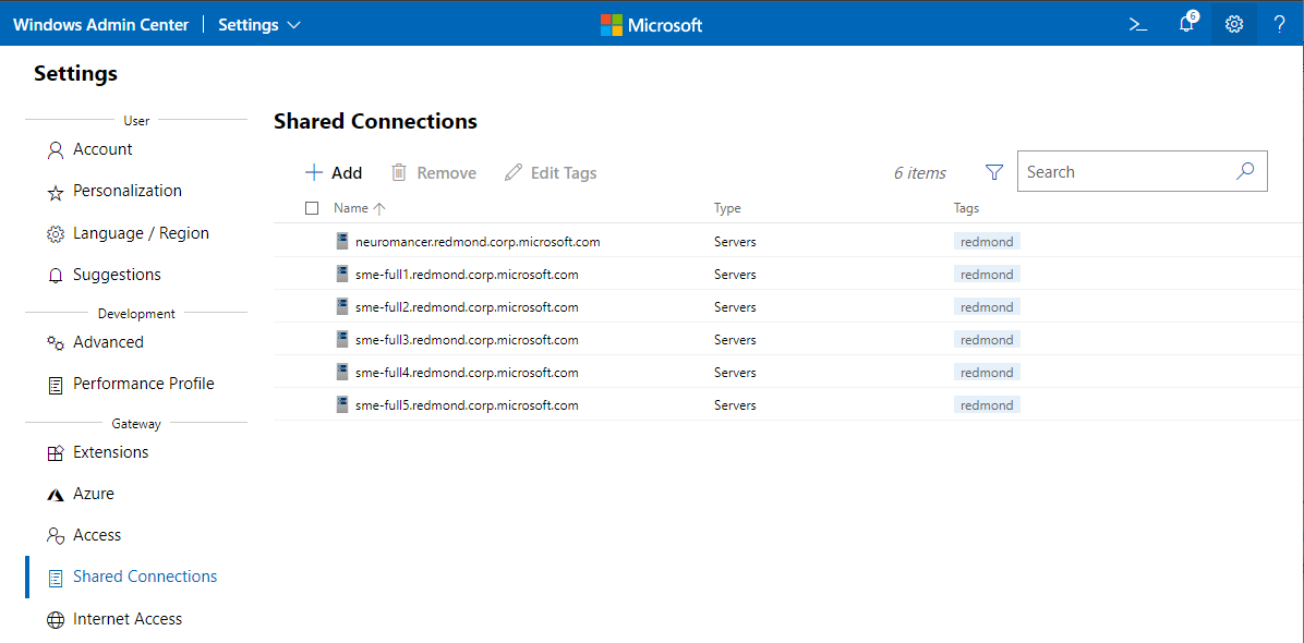 Windows Admin Center: página Conexiones compartidas