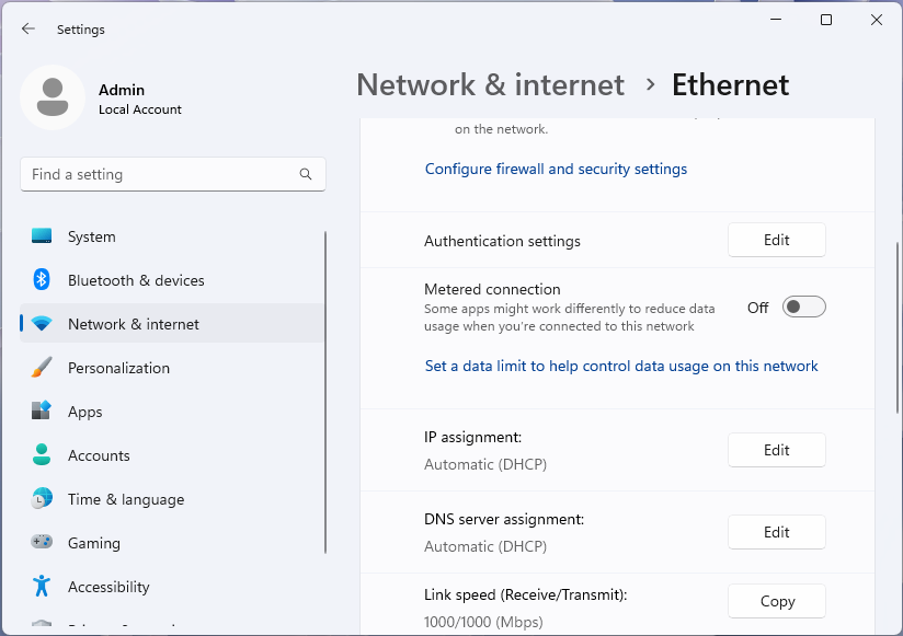 Captura de pantalla de la página de Ethernet en la aplicación Configuración de Windows 11.