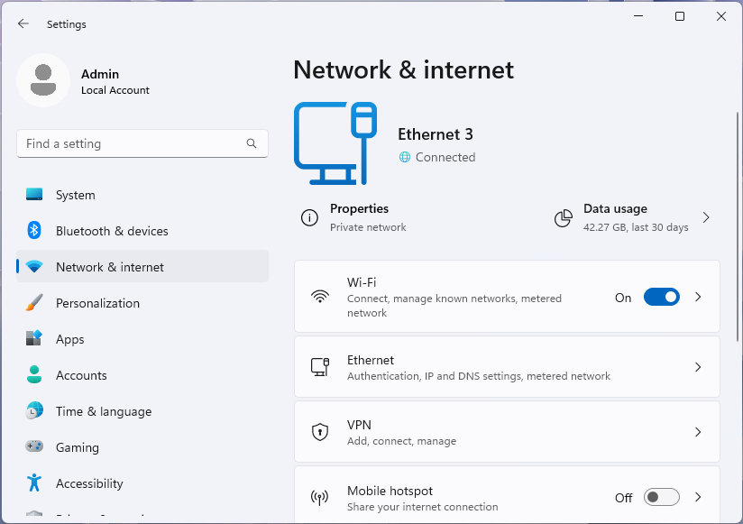 Captura de pantalla de Red & página de Internet en la aplicación Configuración de Windows 11.