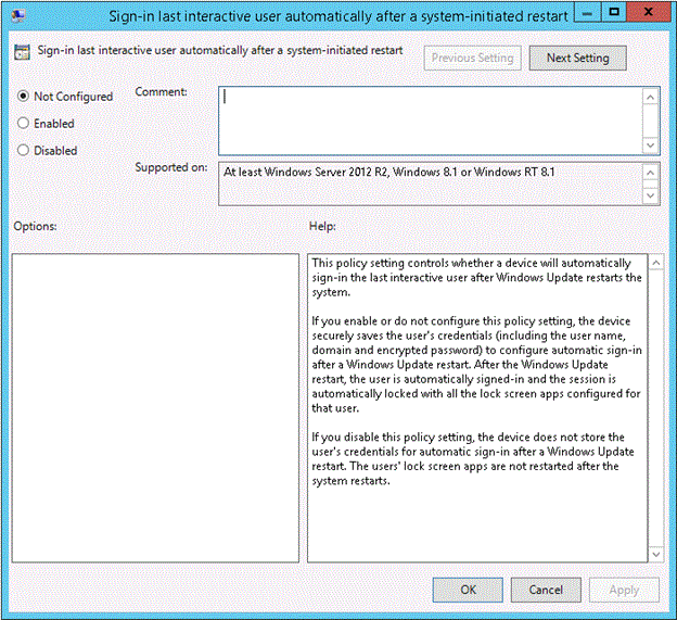 Captura de pantalla que muestra la interfaz de usuario de los controles de configuración de directivas donde puede especificar si un dispositivo iniciará automáticamente la sesión del último usuario interactivo después de que Windows Update reinicie el sistema