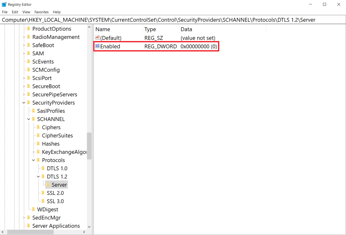 Captura de pantalla de la configuración del Registro de Windows Server para DTLS 1.2 establecida en deshabilitada de forma predeterminada.