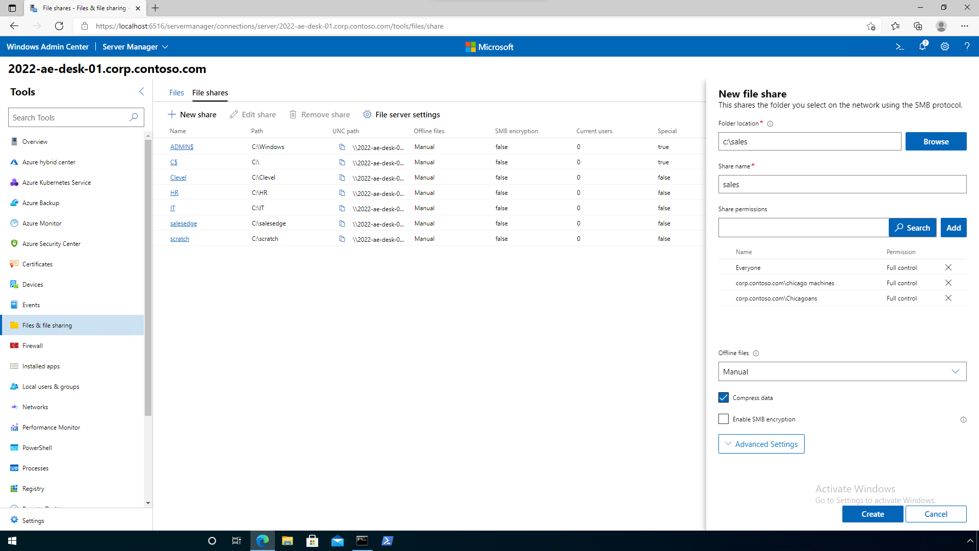 Captura de pantalla de Windows Admin Center en el servidor de archivos de Window Server 2022.