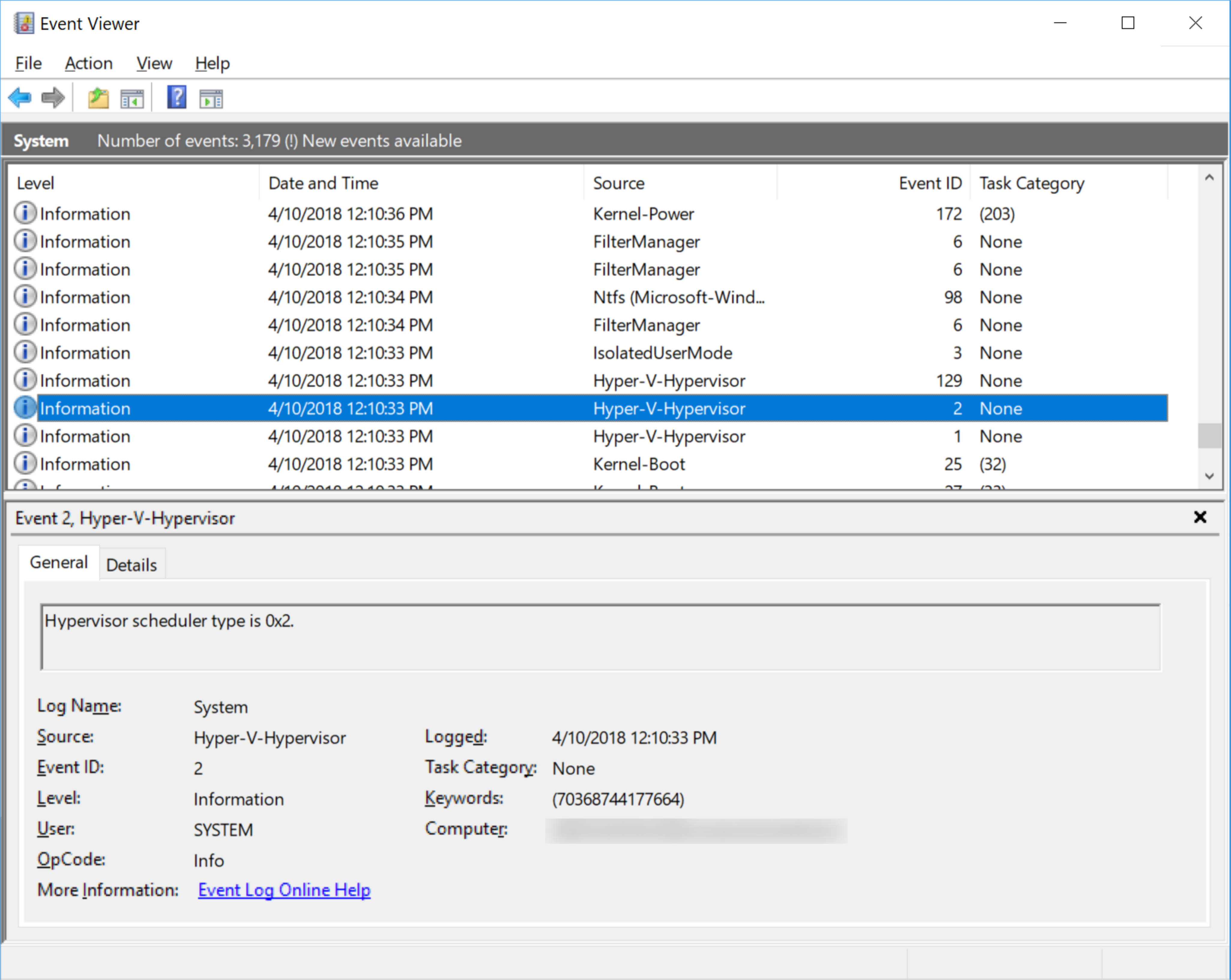 Captura de pantalla de la ventana Visor de eventos. El usuario ha seleccionado el identificador 2 del evento de inicio del hipervisor de Hyper-V en la lista de eventos, resaltado en azul oscuro.