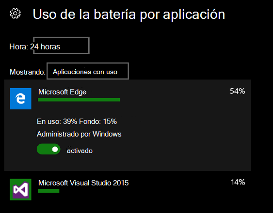 Uso de batería por aplicación en el escritorio.