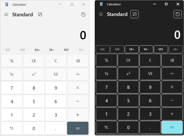 Calculadora que se muestra en tema claro y tema de contraste acuático.