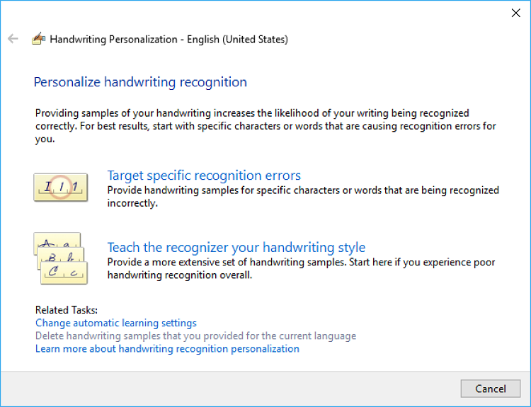 Captura de pantalla del cuadro de diálogo Personalización de reconocimiento de escritura a mano.