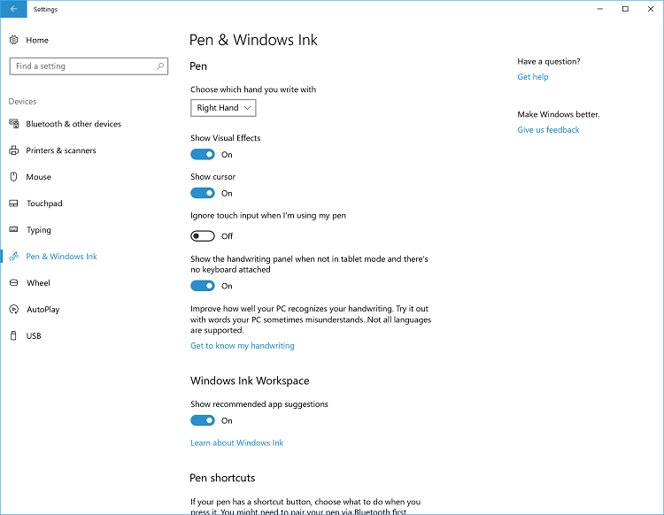 Captura de pantalla de la página de configuración del Lápiz y Windows Ink.