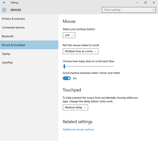 configuración estándar del panel táctil