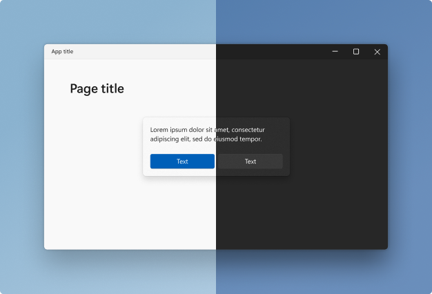 Ventana y cuadro de diálogo modal en modo claro a la izquierda y en modo oscuro a la derecha