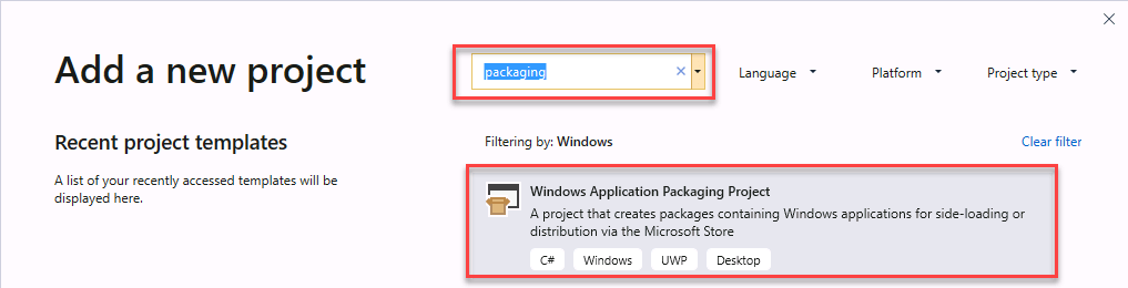 Proyecto de paquete de aplicación de Windows